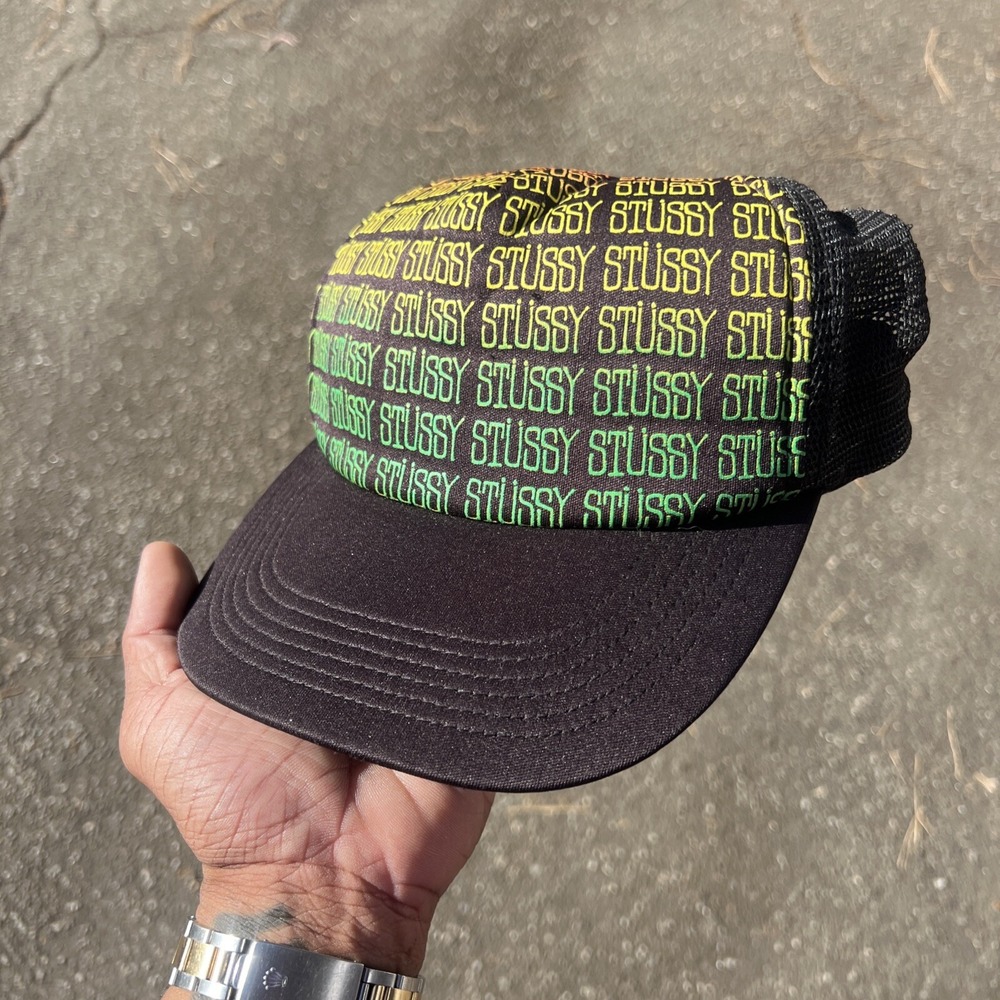 Stussy Black Rasta Logo Trucker Cap Hat Adjustable.